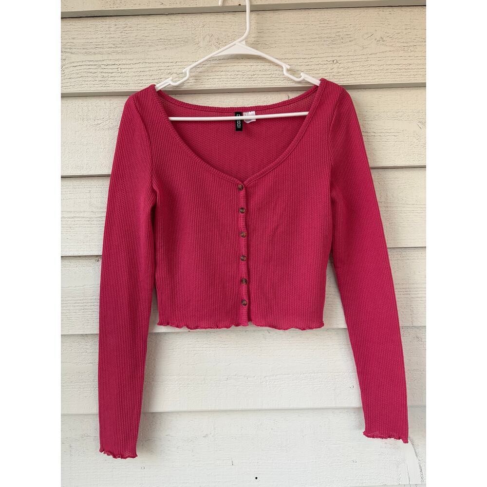 H&M Divided Pink Ribbed Button Front Crop Cardigan | Y2K Fitted Top | Size S - Picture 2 of 4